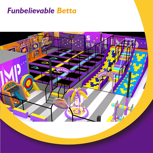 Bettaplay Equipo de juegos infantiles de interior para empresas de 760 m2 con parque de trampolines, tobog&aacute;n tipo donut y fabricaci&oacute;n de muros de escalada