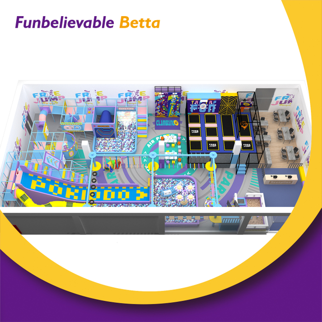 Bettaplay 512 SQM Purple Bule Theme Free Trampoline Park Equipo de diversi&oacute;n con tobog&aacute;n largo para disfrutar