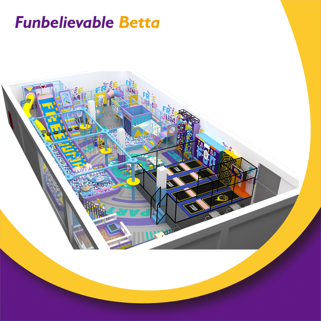 Bettaplay 512 SQM Purple Bule Theme Free Trampoline Park Equipo de diversi&oacute;n con tobog&aacute;n largo para disfrutar