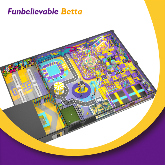 Bettaplay 2025 تصميم جديد 570 مترًا مربعًا حديقة ألعاب تجارية للأطفال مع ترامبولين سلام دونك، وتسلق الجدار الصخري، وحفرة كرة ضخمة متعددة الألعاب في الأماكن المغلقة