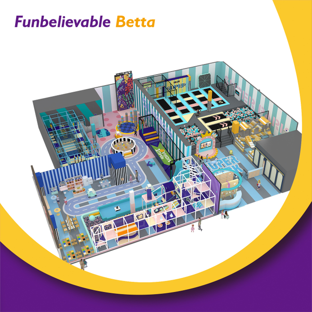 Bettaplay 770sqm معدات لعب داخلية ناعمة تجارية حديقة الترامبولين مع شرائح مجنونة وخط مغامرة الرمز البريدي للبيع
